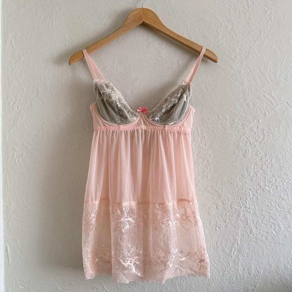 La Vie En Rose Blush Pink Sheer Lace Babydoll Mini Dress Size M